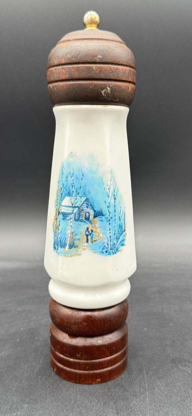 Vintage Pepper Grinder Wood and Porcelain Blue and White Winter Scene